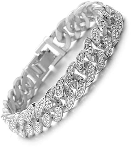HALUKAKAH Bracciali Uomo Oro,Catenina Cubano Miami 14MM Iced out,Vero Oro Bianco Bracciale,Argento,18cm,con Pacco Regalo Gratuito