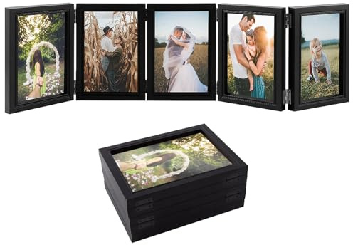 Biggun 4x6in 5 Folding Accordion Picture Frame - Foldable Hinged Collage Photo Frames for Tabletop Display Multiple Family Pictures Mother's Day Birthday Gifts (Black)