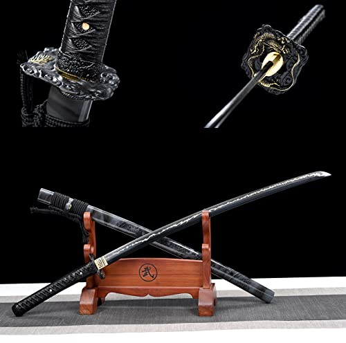 103cm Dark Dragon Soul Katana,Massivholz bemalte Scheide und Manganstahlklinge,handgemachtes Samurai-Schwert für Kendo Iaido Cosplay Display Dekor sammeln