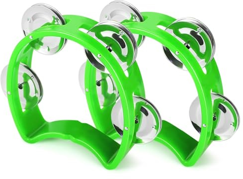 Flexzion Tambourine Hand Bell Percussion Musical Instruments (Green, 2 Pack), Plastic Music Instrument Half Moon Mini D Handheld Shaker, Jingle Bells
