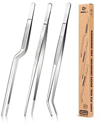 Set di pinzette da cucina, pinze professionali per alimenti in acciaio inox, pinzetta da cucina nera lunga per cucinare, impiattare, decorare e grigliare (ARGENTO, 30,5 CM)