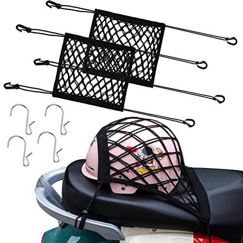 2PCS Motorcycle Bungee Cargo Net 10.3X15.4 High Elastic Double Layer Thicken Helmet Net Luggage Rack with Adjustable Hooks for Bike Motorcycle Accessories