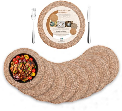 Eco Crave Jute Placemats, Set of 8 Round Woven Placemats 100% Natural Nonslip Round Placemats 13x13 Inches Round Farmhouse, Boho Jute Placemats for Dining Table Placemats Set of 8