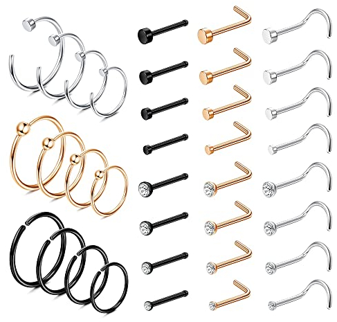 Dochais L Nasenringe, Nasenringe 316L Edelstahl, Nase Ringe Studs Hypoallergen, Nostril Nose Piercing Schmuck, Für Frauen Männer Silber Rose Gold Schwarz