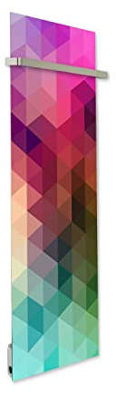 ILO-Radiateur Sèche-Serviette Électrique -500W- +28 Motifs, Design Unique-Rayonnant-Extra Plat- IP44 - Wi-Fi, Connecté-2 barres Inox-Orienté Vertical-Éco+, Silencieux-France-Flouté coloré