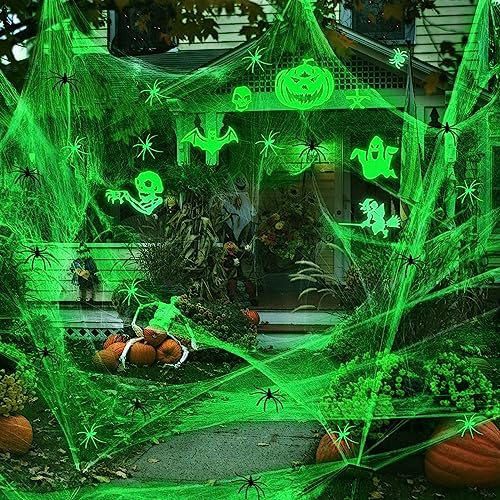 TOPJOWGA Halloween Dekoration Spinnennetz, 120G Leuchtendes Spinnennetz+10 Leuchtendes Spinnen+10 Spinnen, Glow in The Dark Halloween Deko Set für Halloween Nachtparty