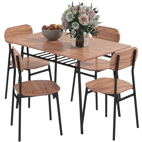 HOMCOM Essgruppe Esstisch mit 4 Stühlen, Ablagefläche, Platzsparende Esszimmergruppe im Landhausstil Sitzgruppe für Esszimmer, Küche Teak