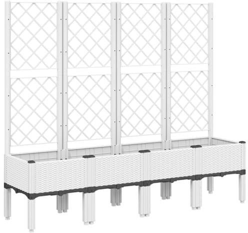 vidaXL Pflanzkübel mit Rankgitter, Blumenkübel mit Rattan-Optik, Blumenkasten für Terrasse Garten, Gartenspalier Pflanzkasten, Weiß PP