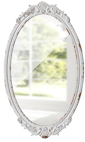 Sintosin Vintage Spiegel Oval Weiß 60 x 35 cm, Barock Antiker Dekorative Wandspiegel mit Holzrahmen, Spiegel Wand für Wohnzimmer, Schlafzimmer, Badezimmer, Flur, Horizontal oder Vertikal