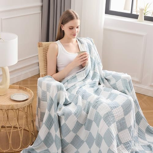 EMME Checkered Cotton Blanket, Twin Size 60x80, 100% Muslin, Breathable Cooling Gauze, All-Season Soft and Lightweight (Teal)