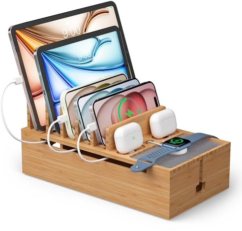 Bamboo Charging Stand Rack, Wooden Charge Box for Mobile Phones, Tablets, Smart Watch and Earbuds, Wire Cable Organizer Box, Bedside Dock Stand Holder (NO Power Adapter Supply) -Natural Color