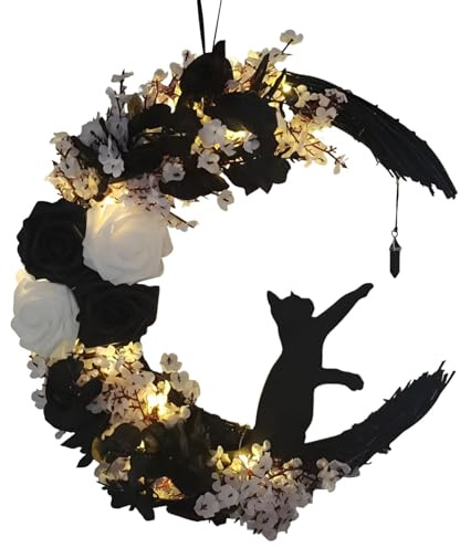 Måne katt Halloweenkrans | Väggblomma Månkrans Halloween Dörrdekor | Måne kattkrans, Halloween väggdekor, säsongsbetonad dörrdekoration, utomhus för utomhus och inomhus