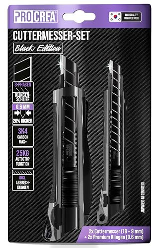 PROCREA® Premium 2er Cuttermesser & Klingen Set Black Edition [Extrem Robust & Ultrascharf] Das 18 mm & 9 mm kleine Teppichmesser in bester Qualität - inkl. extra scharfer Qualitäts-Abbrechklingen