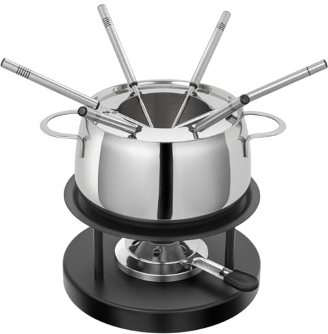 KUHN RIKON Fleischfondue Set Engelberg Induktionstauglich, Chromstahl Fondue Rechaud mit Pastenbrenner und 6 Gabeln für sechs Personen
