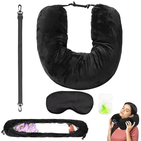 TAIXING Nackenkissen Flugzeug Befüllbar, Reisekissen zum Füllen mit Kleidung, Travel Pillow 18x78cm Schwarz Plüschiges Nackenkissen Befüllbar U-förmiges mit Augenmaske Ohrstöpsel(Kein Füllstoff)