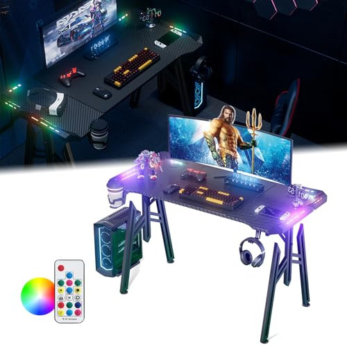 XINZI Tavolo per computer a LED con rivestimento in fibra di carbonio, M-Frame Gaming Scrivania perfetta per camera da letto, ufficio, Esport, tavolo ergonomico con gancio per cuffie, porta bevande