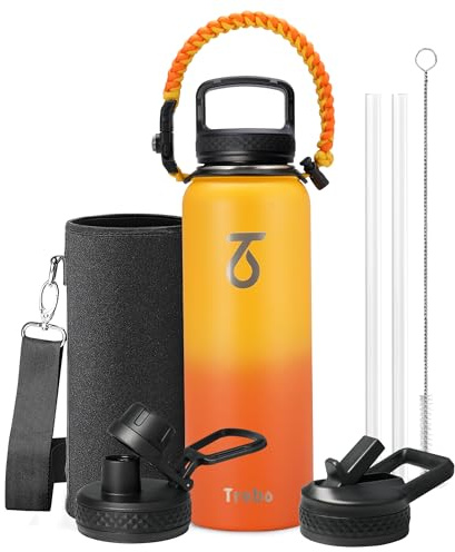 Trebo 1.2 L Water Bottle with 3 Lid and Handle, Vacuum Insulated Stainless Steel Metal Outdoor Leakproof BPA-Free Flask, Keep Cold 48 Hours Water Jug, Best Gift for Men Women Holiday, Orange