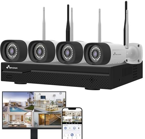 NIVIAN, Kit Caméras de Surveillance WiFi 2K Professionnel avec 4 Caméras IP, NVR 16 Canaux, Images Super HD, Détection Humaine IA, Vision Nocturne, Audio, HDMI, App EseeCloud, Enregistrement 24/7