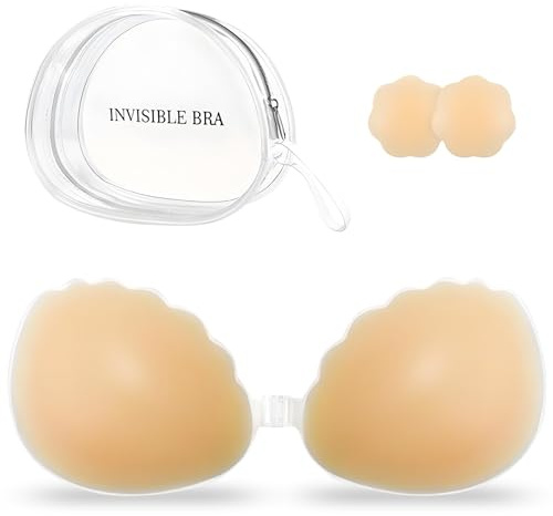 AWXUOCK Invisible Strapless Bras Reusable Stick Skin-Friendly Sticky Push Up Bra Adhesive Bra for Party, Bar, Wedding, Beach, Backless Bra for Women (UK, Cup & Band, C, Nude)