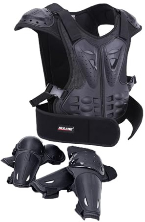 Upgraded 5-Piece Kids Motorcycle Armor Suit - Lightweight Chest Back Elbow Knee Guards, for Motocross BMX Cycling Off-Road Bike Outdoor Sports Protection Armor (Black, L)