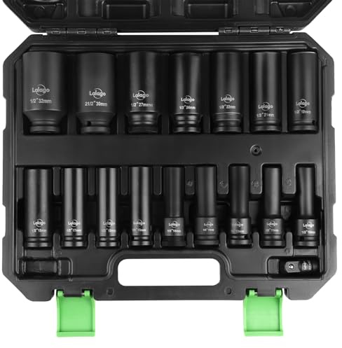 LALAGO 17 piezas Llaves de Impacto de 1/2 Pulgada 10-32mm, Juego de Llaves de Impacto Profundas CR-V, Juego de Vaso con Adaptador de 3/8'' a 1/2'' Métrico de 6 Puntas para Neumáticas y Eléctricas