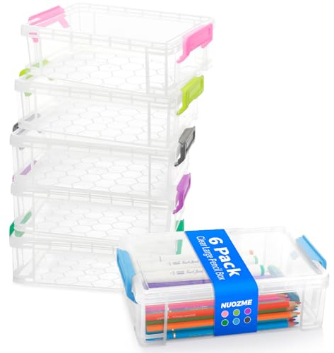 Extra Large Pencil Box, Plastic Hard Pencil Pen Case, Clear Crayon Box Bulk Marker Organizer, Plastic Storage Box Containers With Lids For Craft, Pen, Art, School Office Supplies(Multicolor 6 Pack)