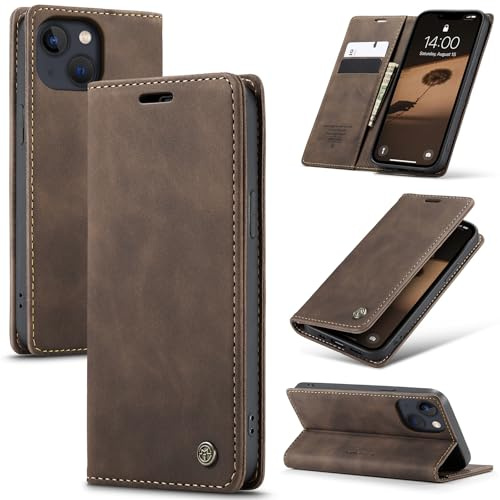 Samokor Coque pour iPhone 15 5G Housse Cuir Premium Etui Rabat Pochette Portefeuille Fentes Cartes Magnétique,Étui Protection pour iPhone 15 5G,Café