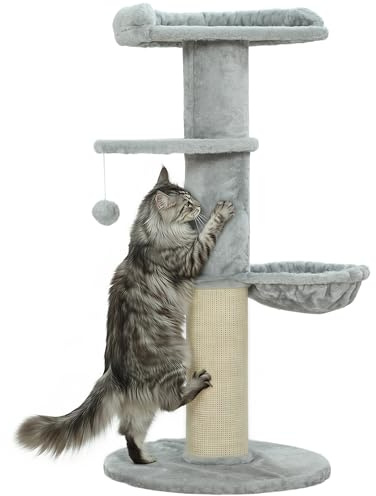 PawHut Arbre à Chat Hauteur Ø 48 x 103,5 cm, tonneau à gratter pour Chats avec griffoir en sisal, hamac, Plateforme, Balle Jouet, Tissu Peluche, Multi-Niveaux, Gris Clair