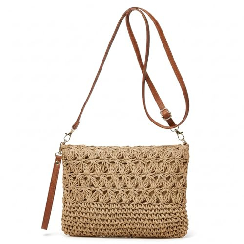 Bolso de paja, bolso de playa de paja para mujer, bolsos cruzados de rafia con patrón de arroz hueco tejido a mano, playa de verano Beige de doble correa