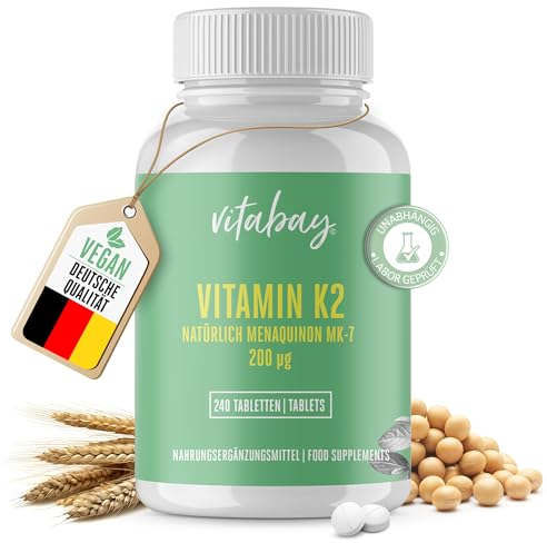 Vitabay Vitamina K2 200 mcg - 240 Compresse di Vitamina K2 All-Trans Vegana con Menachinone MK7 Microincapsulato Naturale ad Alto Dosaggio - Con Sali di Magnesio - Testato in Laboratorio