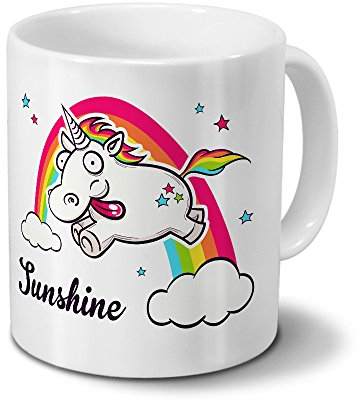 printplanet Tasse mit Namen Sunshine - Motiv Verrücktes Einhorn - Namenstasse, Kaffeebecher, Mug, Becher, Kaffeetasse - Farbe Weiß