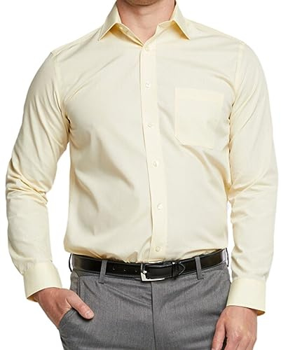 Double TWO Men's Long Sleeve Plain Formal Shirt Non Iron Classic Fit Business Dress Shirt - Lemon, 20in Collar