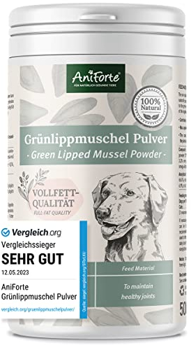 AniForte Poudre de Moule à lèvres Vertes pour Chiens 500g - Poudre Naturelle de Moule à lèvres Vertes en qualité grasse, glycosaminoglycanes 3,3%, soutient Les Fonctions articulaires