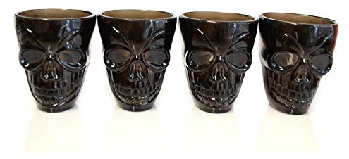 Set of 4 Halloween Black Shot Glasses with Spooky 3D Skull Shape Party Tableware Drink Accessories, 4 Glasses (Pack of 1)