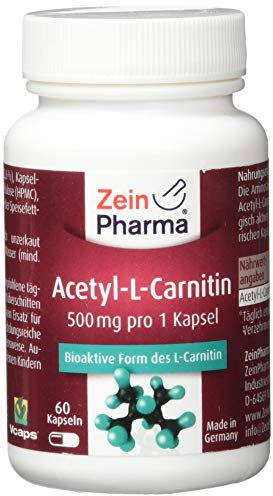 ZeinPharma Acetyl-L-Carnitin 500 mg 60 Kapseln (3 Wochen Vorrat) Glutenfrei, vegan, koscher & halal Hergestellt in Deutschland, 36 g, mehrfarbig