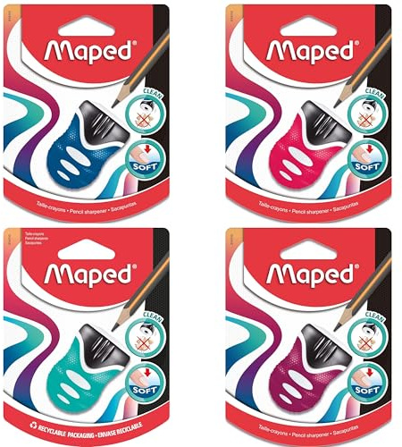 Maped - Material Escolar - Sacapuntas Clean Grip - Sacapuntas con Depósito - 1 Orificio para Afilar - Apertura y Cierre Automático - Gran Capacidad de Reserva - 5 Colores Diferentes
