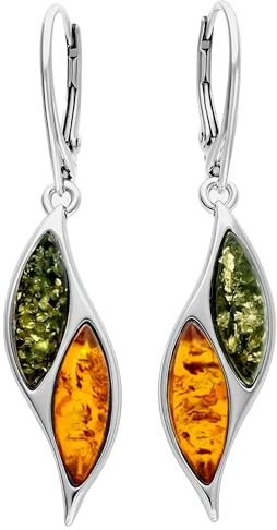 Noda 070029 - Orecchini pendenti in ambra e argento sterling con ambra mista arancione, giallo e verde, Argento Sterling, vera ambra baltica mista, Ambra
