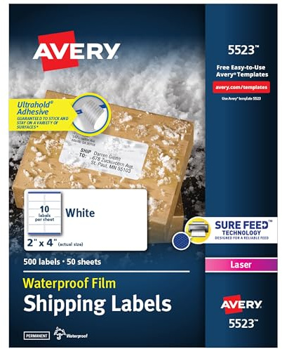 Avery Waterproof Labels with UltraHold Permanent Adhesive, 2 x 4, 500 Labels for Laser Printers (5523)
