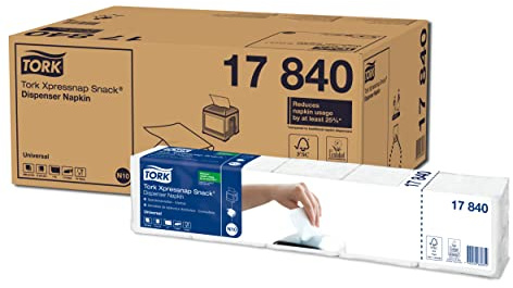 Tork 17840 Servilletas enmarañadas Xpressnap Snack Universal, compatible con el sistema N10 / un pliegue - 21.3cm x 21.6cm - 8 x 1125 servilletas - Blanco