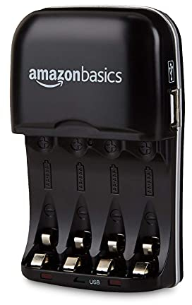 Amazon Basics Cargador de Pilas de Ni-MH AA y AAA con Puerto USB, Negro