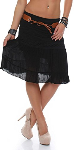 Malito - Damen Rock mit Gürtel - Glockenrock mit Stickereien - kurzer Sommerrock mit Jerseybund - unifarbener Minirock 8220 (Schwarz)