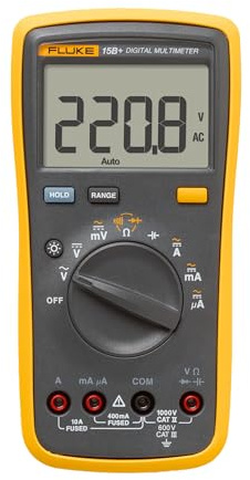 Fluke 15B+ Digital Multimeter, for Electrical Applications, Measures AC/DC Voltage and Current Measurements up to 1000V and 10A, Along with Resistance, Continuity, Diode, and Capacitance Capabilities