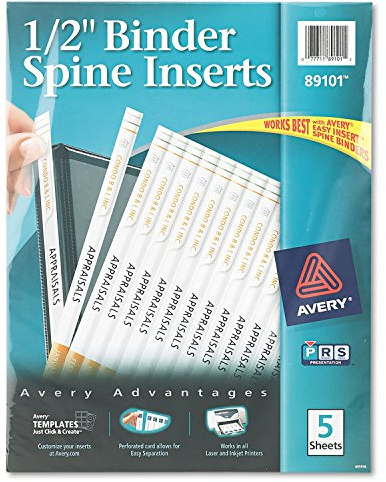 Avery 89101 Binder Spine Inserts, 1/2-Inch Spine Width, 16 Inserts/Sheet, 5 Sheets/Pack