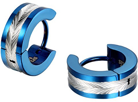 JewelryWe Bijoux Boucles d'oreilles Homme Forme Plume Anneaux à Charnière Bling Bling Acier Inoxydable Fantaisie Couleur Noir Argent Or Bleu