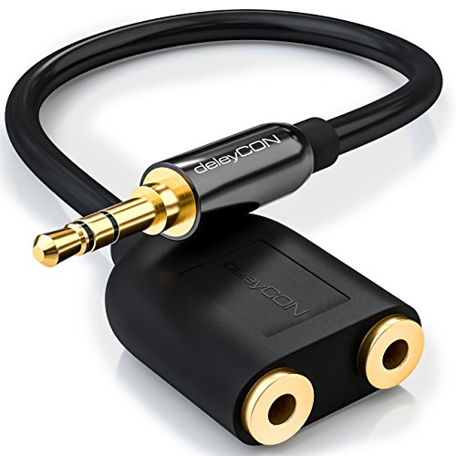 deleyCON Adattatore Audio Stereo - 2x Jack da 3.5mm Femmina a 1x Jack da 3.5mm Maschio, Nero, 1 Pezzo