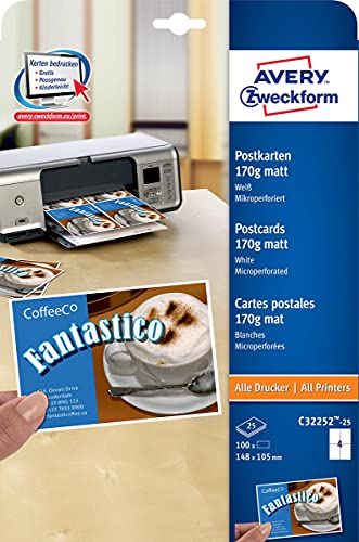 AVERY Zweckform C32252-25 Postkarten (blanko, beidseitig bedruckbar, matt weiß, extra feine Mikroperforation, 25 Blatt) zum Selbstbedrucken auf allen Druckern