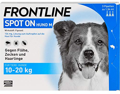 FRONTLINE Spot ON Hund M gegen Zecken, Flöhe & Haarlinge (10 bis 20 kg) - 3X Pipetten für bis zu 3 Monate Schutz - wasserfest