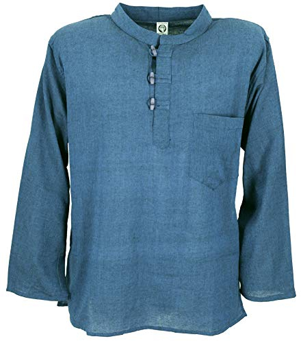 GURU SHOP Nepal Fischerhemd, Goa Hippie Hemd, Yogahemd, Freizeithemd - Türkisblau, Herren, Baumwolle, Size:XL