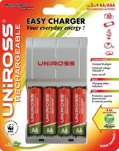 Uniross Ultra Easy - Caricabatterie ricaricabile NimH per macchina fotografica + 4 batterie AA RTU 2100 mAh