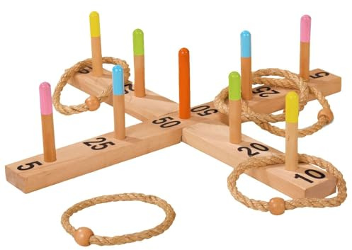 Eichhorn 100004505 - Outdoor Ringwurfspiel - 50x50cm mit 5 Wurfringen, 1 Kreuz, 9 Spielstäben, aus Kiefernholz